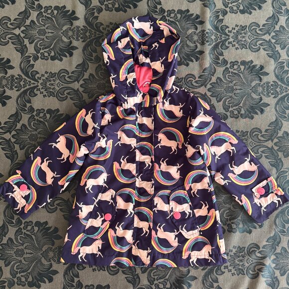 Carter’s Hooded Rainslicker Unicorns & Rainbows - 2T - Navy w/pink lining - Picture 1 of 9